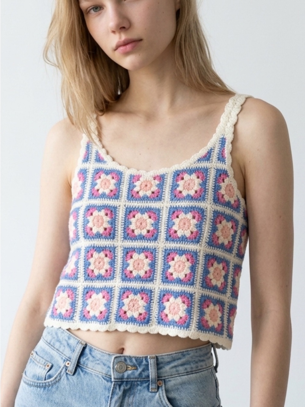 POL Crochet Floral Camisole - Blue/Pink/Cream
